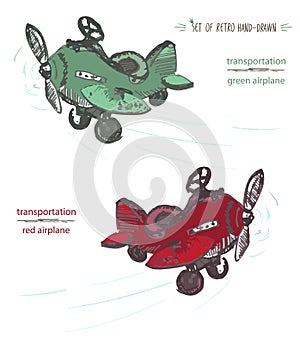 Set of hand-drawn red and green airplane. Ink brush sketch