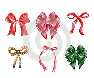 Set of hand drawn red and green ribbons, isolated. Watercolor holiday bow tie decor for Christmas, new Year, birthday, Valentines