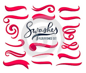 Set of hand drawn red swashes and flourishes isolated on white background. Vector illustration