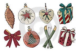 Set of hand drawn retro christmas ornaments. Vector illustration. Greeting cards design elements