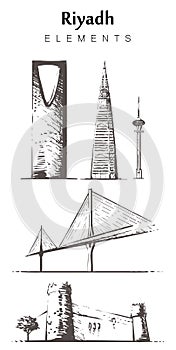 Set of hand-drawn Riyadh buildings. Riyadh elements sketch vector illustration