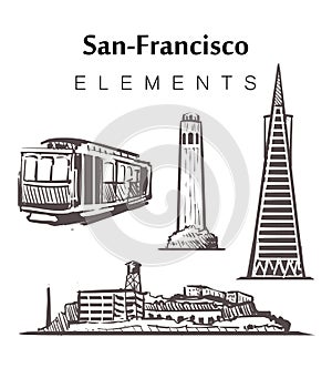 Set of hand-drawn San-Francisco buildings, elements sketch vector illustration photo