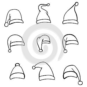 Set of hand drawn Santa hats. Festive design element for Christmas and New Year. Vector illustration