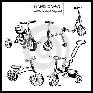 Set hand drawn scooters and bicycles