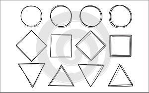 Set of the hand drawn scribble circle and square and triangle