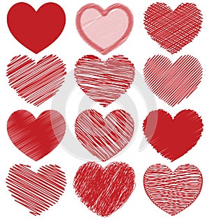 Set Of Hand Drawn Scribble Hearts, Icon Vector Design