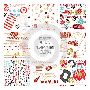 Set hand drawn scribbles seamless pattern