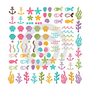 Set with hand drawn sea animals and creatures. Big set on the marine theme. Sea summer life. Underwater seaweeds