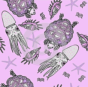 Set with hand drawn sea life elements. Vector doodle cartoon set of marine life objects for your design. Seamless psttern