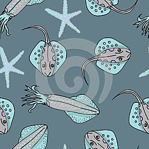 Set with hand drawn sea life elements. Vector doodle cartoon set of marine life objects for your design. Seamless psttern