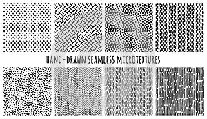 Set of hand-drawn seamless black and white textures with dots, circles, lines and dashed strokes. Vector repeat patterns