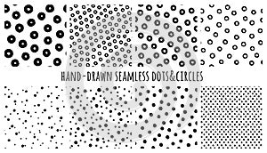 Set of hand-drawn seamless black and white textures with dots and circles. Vector repeat patterns.