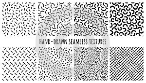 Set of hand-drawn seamless black and white textures with Memphis semicircles and uneven strokes. Vector repeat patterns.