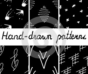 Set of hand-drawn seamless monochrome patterns.Vector illustration