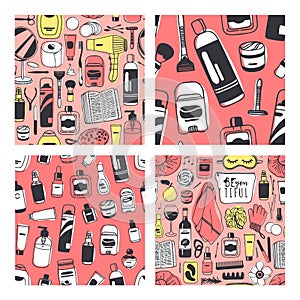 Set of Hand drawn seamless patterns with cosmetics. Vector illus