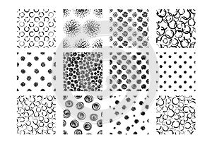 Set of Hand drawn seamless patterns with dots and circles isolated on white.