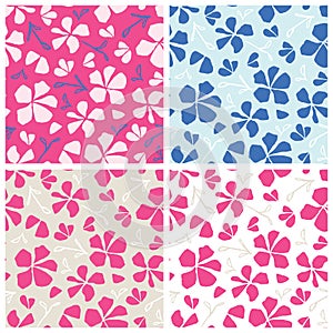 Set of hand drawn seamless patterns. Floral vector illustration, sakura blossom. Japanese traditional surface design.