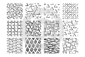 Set of Hand drawn seamless patterns with geometric shapes isolated on white.