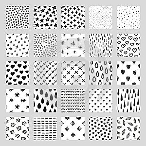 Set of hand drawn seamless patterns with textures.