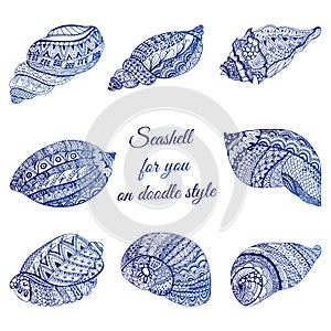 Set of hand drawn seashell with ethnic motif. Abstract zentangle stylized cockleshells. Ocean life doodle collection. Vector illus
