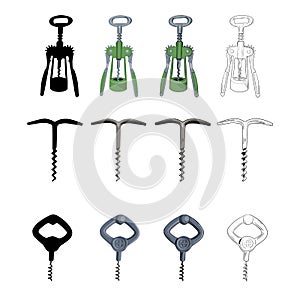 Set of hand drawn, silhouette and flat corkscrew .