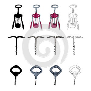 Set of hand drawn, silhouette and flat corkscrew.