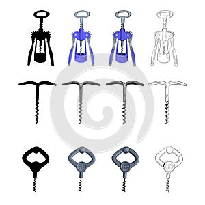 Set of hand drawn, silhouette and flat corkscrew.