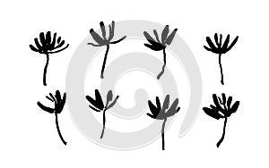 Set of hand drawn simple brush paint flowers painted by ink. Grunge style elements. Black isolated vector on white background.