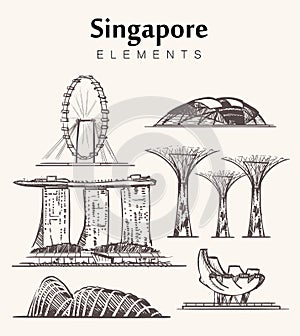 Set of hand-drawn Singapore buildings sketch vector illustration.