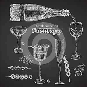 Set hand drawn sketch bottle and glasses champagne, on black chalckboard Vintage design bar, restaurant, cafe menu on white