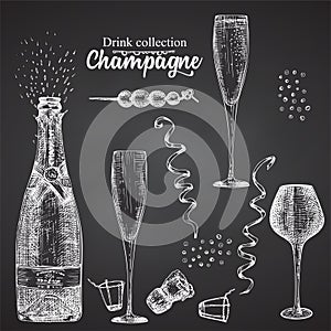 Set hand drawn sketch bottle and glasses champagne, on black chalckboard Vintage design bar, restaurant, cafe menu on white