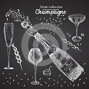 Set hand drawn sketch bottle and glasses champagne, on black chalckboard Vintage design bar, restaurant, cafe menu on white