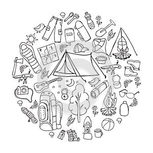 Set of hand drawn sketch camping equipment symbols and icons. Vector illustration.