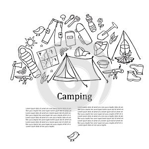 Set of hand drawn sketch camping equipment symbols and icons. Vector illustration.