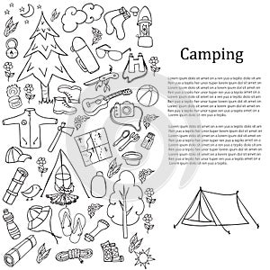 Set of hand drawn sketch camping equipment symbols and icons. Vector illustration.