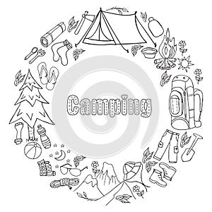 Set of hand drawn sketch camping equipment symbols and icons. Vector illustration.