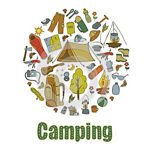 Set of hand drawn sketch camping equipment symbols and icons. Vector illustration.