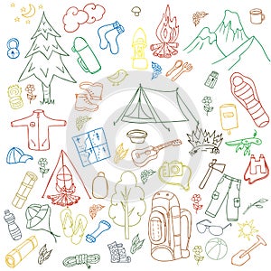 Set of hand drawn sketch camping equipment symbols and icons. Vector illustration.