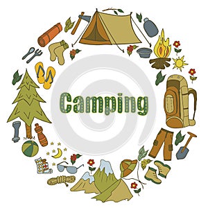 Set of hand drawn sketch camping equipment symbols and icons. Vector illustration.