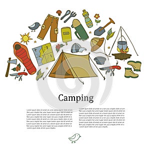 Set of hand drawn sketch camping equipment symbols and icons. Vector illustration.