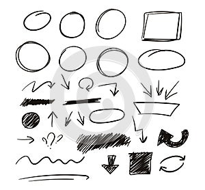 Set of hand drawn sketch elements. Strokes, arrows, scribble elements for business, advertising, school etc. Vector illustration