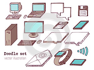 Set of hand-drawn sketch gadgets icons. Vintage PC, computer, 90s floppy disk, message box, watches, laptop. Retro technology elem