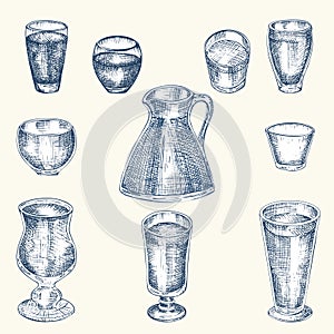 Set hand drawn sketch glasses for alcoholic drink Vodka, whiskey, wine Vintage design bar, restaurant, cafe menu on