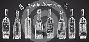 Set hand drawn sketch glasses bottle red wine, champagne on chalckboard background. Vintage vector design for bar