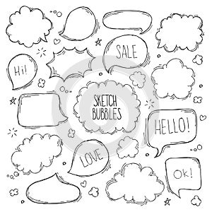 Set of hand drawn sketch Speach bubbles. Vector illustration.