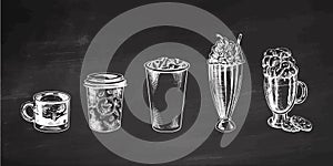 A set of hand-drawn sketches of cold and hot drinks on chalkboard background. Vector illustration in vintage style. Beverages.