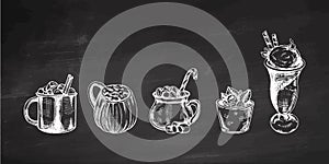 A set of hand-drawn sketches of cold and hot drinks on chalkboard background. Vector illustration in vintage style. Beverages.