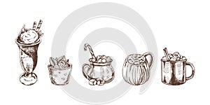 A set of hand-drawn sketches of cold and hot drinks. Vector illustration in vintage style. Beverages. Good for the menu