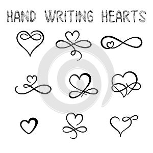 Set of hand drawn sketchy calligraphy hearts. Vector grunge style flourish collection. Illustration of the hand drawn