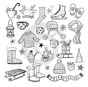 Set of hand-drawn sketchy christmas elements.